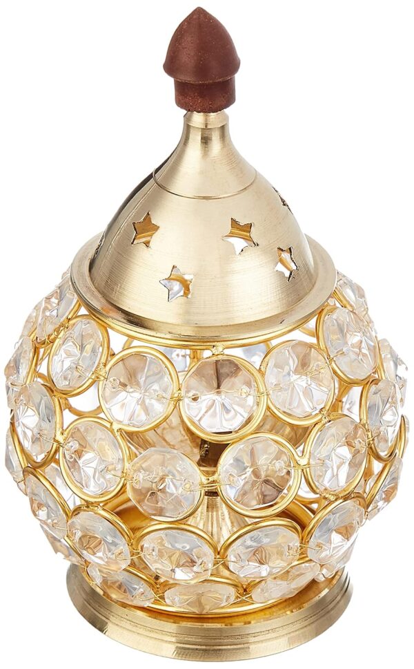 Amazon Brand - Solimo Akhand Diya/Oil Lamp for Puja, Home Décor and Diwali, Matki Shape, Brass-and-Crystal (Medium) - Image 2
