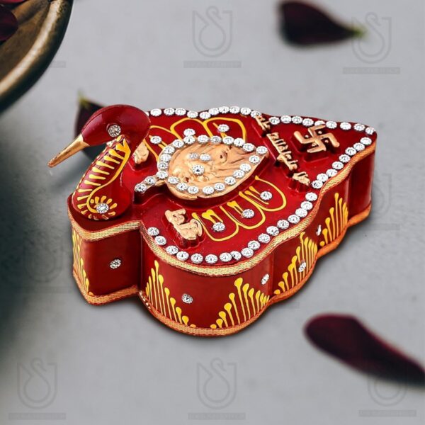 UrbanShilp Handicrafts Meenakari Work Tika Chopra in Peacock Shape with Roli Chawal and Tika Stick Wooden Chopda for Gift and Pooja Decorative Item (puja storage box) - Image 6