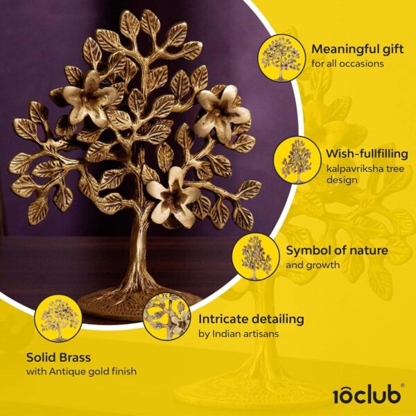 10Club Pure Brass Kalpavriksha Tree Showpiece (6.6 inches, 500 gram) Tree of Life - Home Decor - Gift for Good Luck Vastu and Fengshui - Best in Living Room Table Decoration with Antique Polish - Image 4
