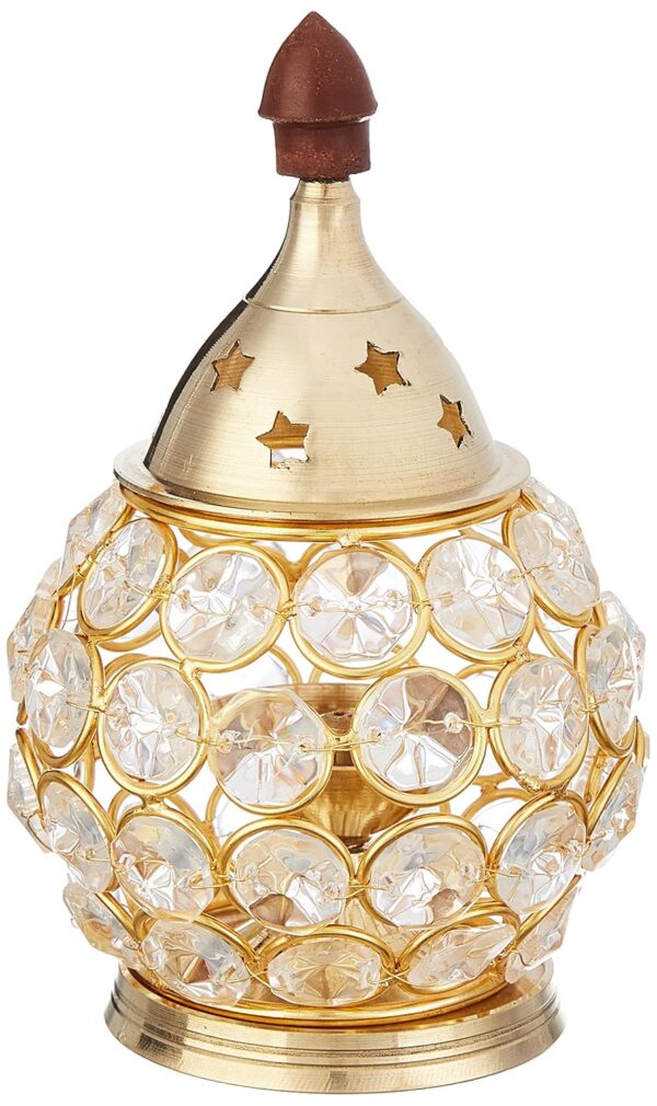 Amazon Brand - Solimo Akhand Diya/Oil Lamp for Puja, Home Décor and Diwali, Matki Shape, Brass-and-Crystal (Medium) - Image 9