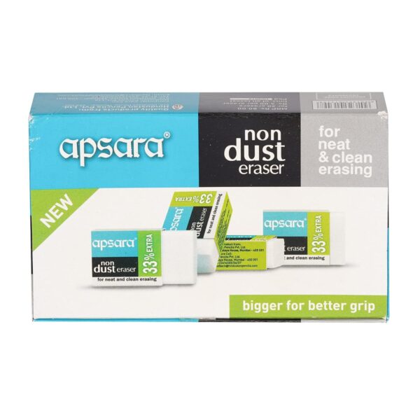 Apsara Non Dust Eraser Regular | Erases Gently | No Paper Damage | High Quality Material | Soft & Smooth | Residue sticks to eraser | Use for Students, Artists, Professionals | Pack of 20 Erasers - Image 2