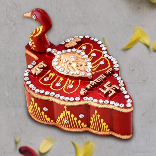 UrbanShilp Handicrafts Meenakari Work Tika Chopra in Peacock Shape with Roli Chawal and Tika Stick Wooden Chopda for Gift and Pooja Decorative Item (puja storage box) - Image 3