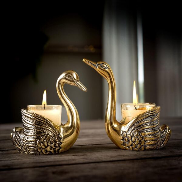 BEHOMA Metal Pair of Swans for Good Luck and Love|Candle Holder for Home Decor Tabletop Living Room Office|Showpiece Vastu Statue for Gifting (Candles/Plants Etc Not Included), Gold - Image 3