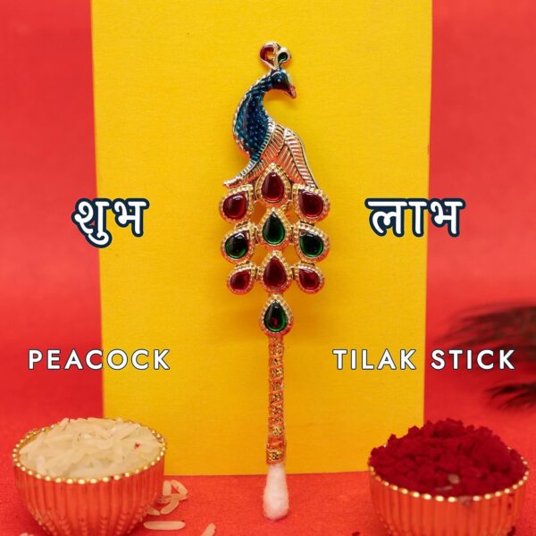 UrbanShilp Handicrafts Meenakari Work Tika Chopra in Peacock Shape with Roli Chawal and Tika Stick Wooden Chopda for Gift and Pooja Decorative Item (puja storage box) - Image 4