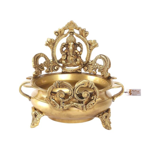 Two Moustaches Brass Ethnic Carved Ganesha Design 7 Inches Brass Urli Decor Bowl, Golden, Urli Bowl for Home Decor, Uruli for Flower Decoration, Brass Pot, Brass Bowls for Pooja, Standard, Pack of 1 - Image 2