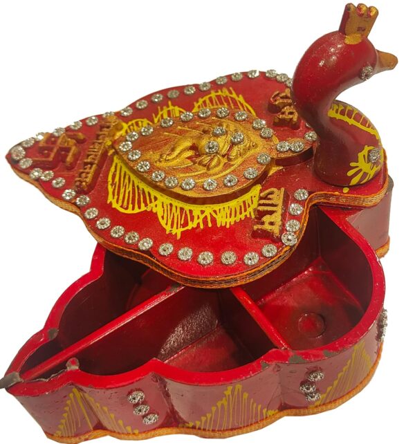 Aadittral Pack of 1 Handicrafts Tika Chopra in Peacock Shape Meenakari Work/Kumkum Box with Chawal-Akshat-Haldi Wooden Chopda for Gift and Pooja Decorative Purpose Item #PPCN001 - Image 2