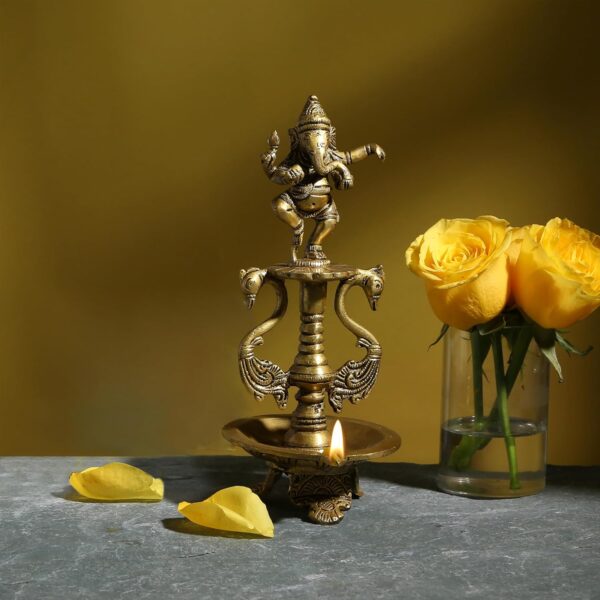 Two Moustaches Brass Dancing Ganesha Oil Diya with Base , Diyas for Puja , Ganpati Diya , House Warming Gifts , Diyas for Pooja Room , Standard , Pack of 1 - Image 3