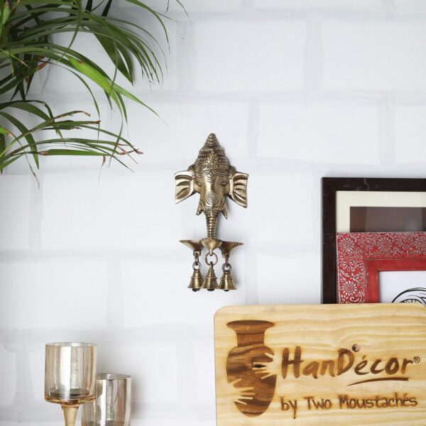 Two Moustaches Brass Ganesha Wall Hanging Diya with Bells for Home Decor, Brass Hanging Diyas Oil Lamp, Diwali Gifts, Diyas for Diwali, Ghanti for Pooja, Brass Diya, Temple Decor, Standard, Pack of 1 - Image 3