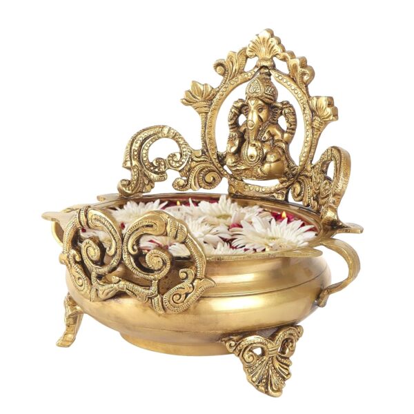 Two Moustaches Brass Ethnic Carved Ganesha Design 7 Inches Brass Urli Decor Bowl, Golden, Urli Bowl for Home Decor, Uruli for Flower Decoration, Brass Pot, Brass Bowls for Pooja, Standard, Pack of 1 - Image 3