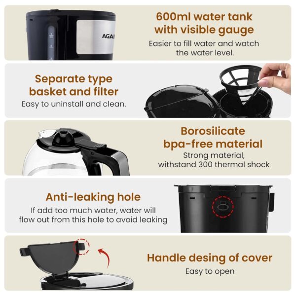 AGARO Royal 4 Big Cups Drip Coffee Maker, 600 Ml Borosilicate Glass Carafe Jar, 750W, Water tank with Level Indicator, Brewer Machine with Cone Filter, Auto Shut Off, Stainless Steel Body, Black - Image 6