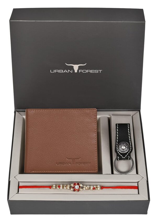 URBAN FOREST Rakhi Gift Hamper for Brother - Classic Redwood Men's Leather Wallet, Black Keyring and Rakhi Combo Gift Set for Brother - 4561 - Image 2