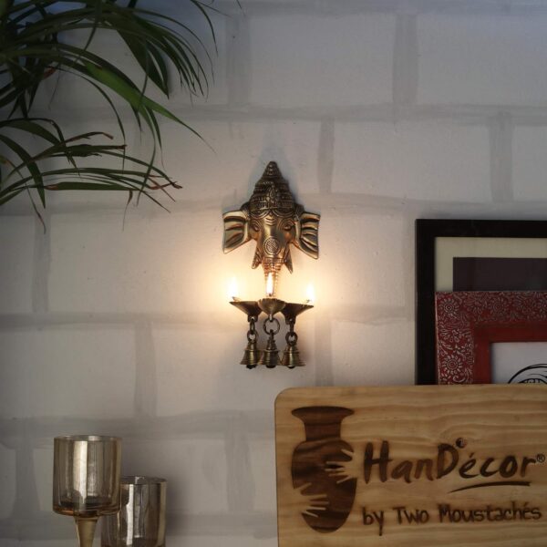 Two Moustaches Brass Ganesha Wall Hanging Diya with Bells for Home Decor, Brass Hanging Diyas Oil Lamp, Diwali Gifts, Diyas for Diwali, Ghanti for Pooja, Brass Diya, Temple Decor, Standard, Pack of 1 - Image 4