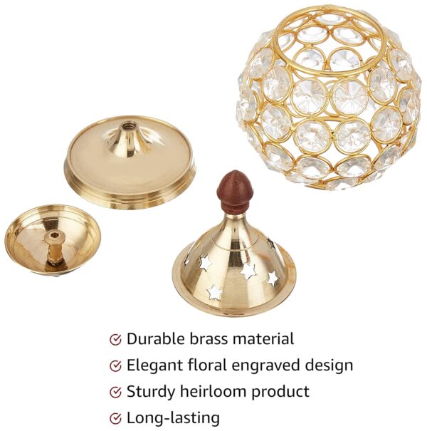 Amazon Brand - Solimo Akhand Diya/Oil Lamp for Puja, Home Décor and Diwali, Matki Shape, Brass-and-Crystal (Medium) - Image 3
