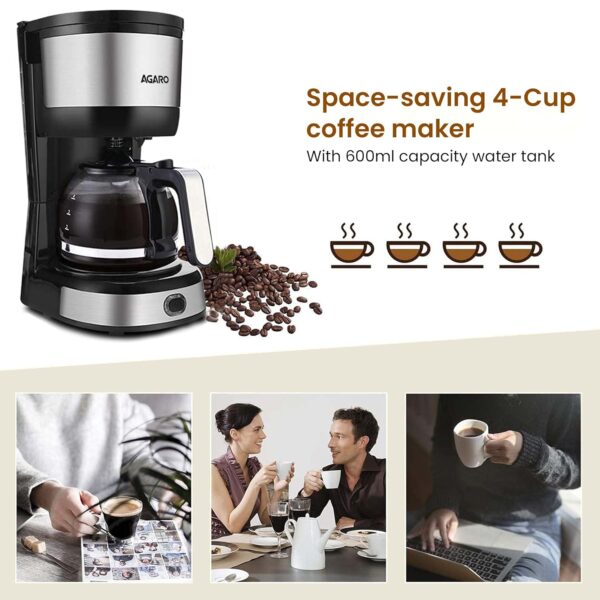 AGARO Royal 4 Big Cups Drip Coffee Maker, 600 Ml Borosilicate Glass Carafe Jar, 750W, Water tank with Level Indicator, Brewer Machine with Cone Filter, Auto Shut Off, Stainless Steel Body, Black - Image 7