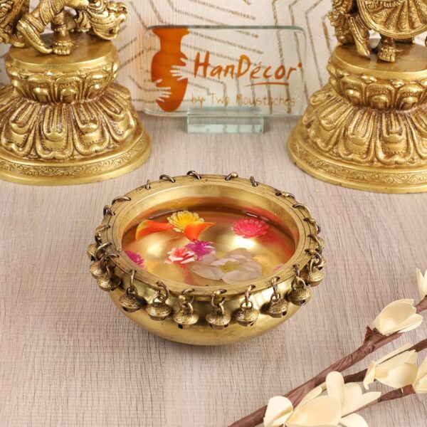 Two Moustaches Ethnic Traditional 6 Inches Brass Urli Bowl with Bells Showpiece, Brass Urli for Decor, Housewarming Gifts, Standard, Pack of 1 - Image 2