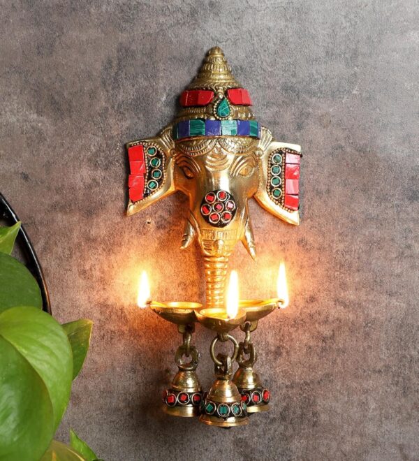 Two Moustaches Gemstone Work Brass Ganesha Wall Hanging Diya with Bells for Home Decor, Brass Hanging Diyas Oil Lamp, Diwali Gifts, Diyas for Diwali, Ghanti for Pooja, Temple Decor, Pack of 1 - Image 7