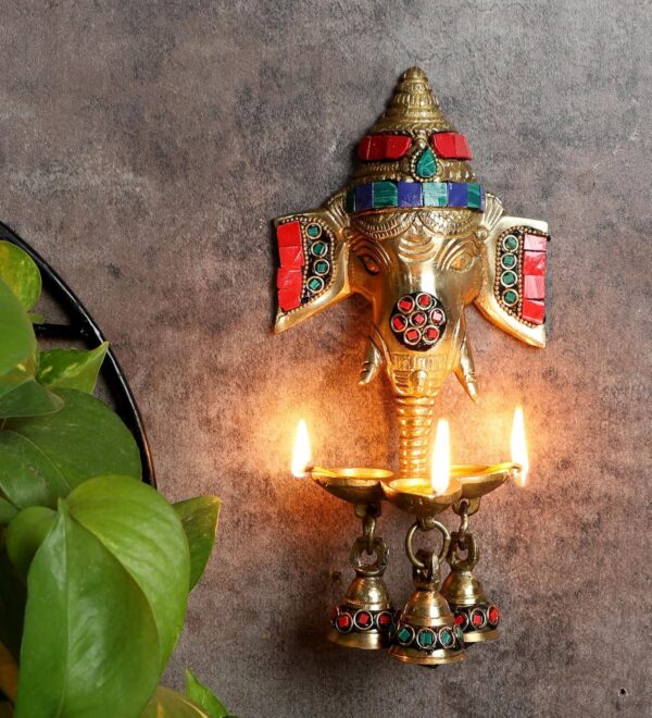Two Moustaches Gemstone Work Brass Ganesha Wall Hanging Diya with Bells for Home Decor, Brass Hanging Diyas Oil Lamp, Diwali Gifts, Diyas for Diwali, Ghanti for Pooja, Temple Decor, Pack of 1 - Image 8