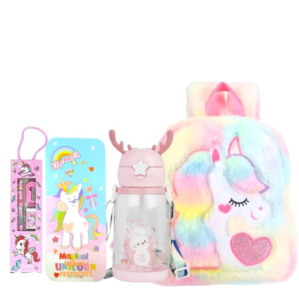 Urban Festivities Unicorn Fur Bag With Unicorn Geometric Box,Bottle,Pencil Set For Girls Birthday Gifts For Kids Girls (set of 4) - Image 2