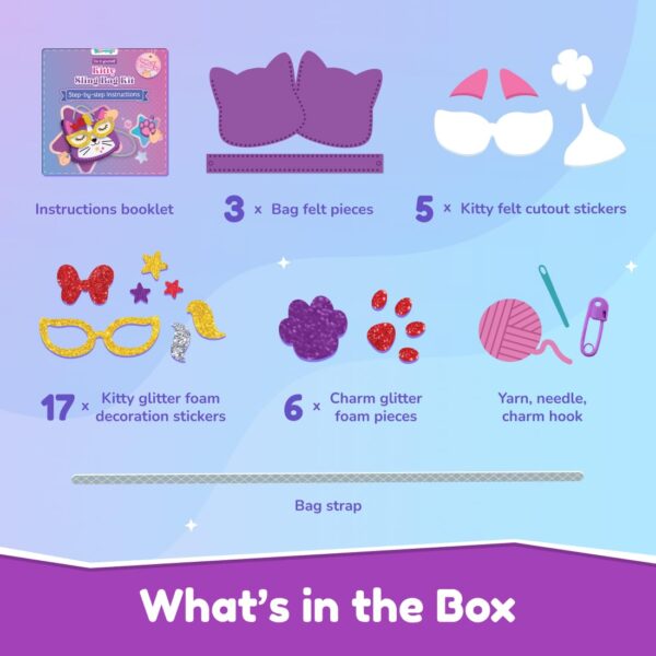 Bloomingo Art & Craft Kit - Kitty Sling Bag: Fun Mess Free Arts & Craft Kit for Kids; Design Your Own Cute DIY Craft Bag; Birthday Gift for Girls and Boys of Ages 4, 5, 6, 7, 8, 9, 10, 11, 12 - Image 3