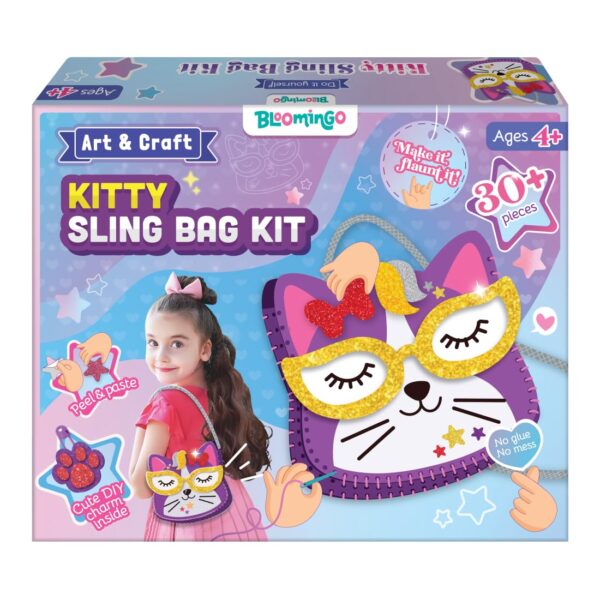Bloomingo Art & Craft Kit - Kitty Sling Bag: Fun Mess Free Arts & Craft Kit for Kids; Design Your Own Cute DIY Craft Bag; Birthday Gift for Girls and Boys of Ages 4, 5, 6, 7, 8, 9, 10, 11, 12 - Image 2