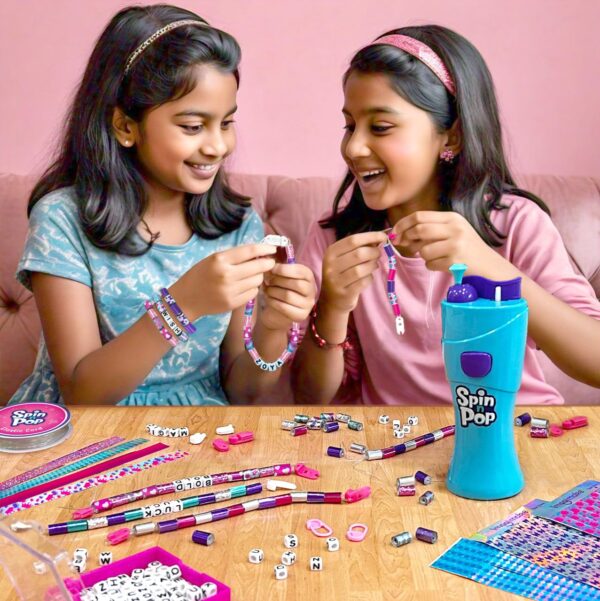Imagimake Spin n Pop DIY Bracelet Making Kit| Patented Electric Bracelet Maker for Kids 8-12| Create 10 Unique Bracelets with Shiny Foil Beads, Alphabet Beads & Clasps|for Girls & Teens, Blue & Green - Image 6
