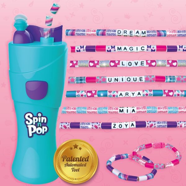 Imagimake Spin n Pop DIY Bracelet Making Kit| Patented Electric Bracelet Maker for Kids 8-12| Create 10 Unique Bracelets with Shiny Foil Beads, Alphabet Beads & Clasps|for Girls & Teens, Blue & Green - Image 5