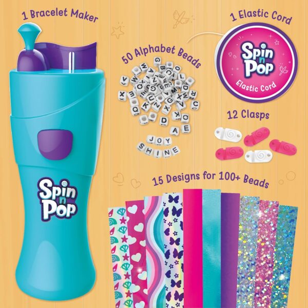 Imagimake Spin n Pop DIY Bracelet Making Kit| Patented Electric Bracelet Maker for Kids 8-12| Create 10 Unique Bracelets with Shiny Foil Beads, Alphabet Beads & Clasps|for Girls & Teens, Blue & Green - Image 3