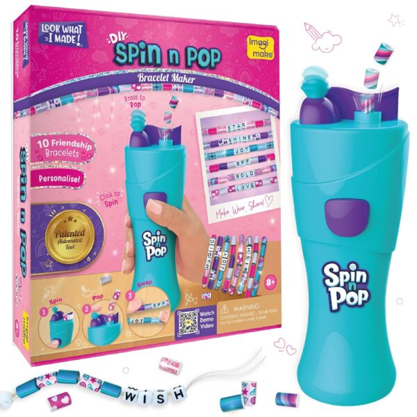Imagimake Spin n Pop DIY Bracelet Making Kit| Patented Electric Bracelet Maker for Kids 8-12| Create 10 Unique Bracelets with Shiny Foil Beads, Alphabet Beads & Clasps|for Girls & Teens, Blue & Green - Image 2