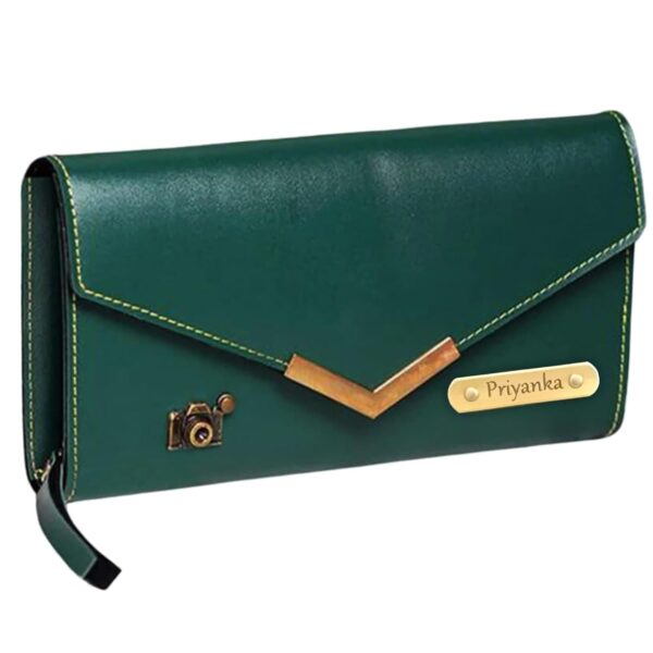 Gift For Special Women Gift Hampers - Gifts for Women for Birthday - Customized Leather Lady Wallet - Customised clutch for women - Olive Green - Image 2