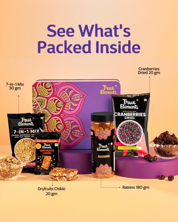 True Elements Festive Gift Hamper 330gm - Diwali Gift | Dry Fruit Gix Box | Celebration Box | 8 Gift Items - Premium Berries & Nuts | Gourmet Delight Diwali Hamper - Image 4