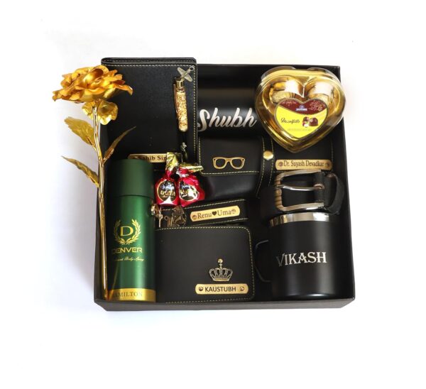 Atrum Shutrum Your Name Customized Mens Gift Hamper Set With Water Bottle, Passport Cover, Pen, Men Wallet, Sunglasses Cover, Keychain, Golden Rose and chocolates With Coffee Mug and Belt (Black) - Image 2