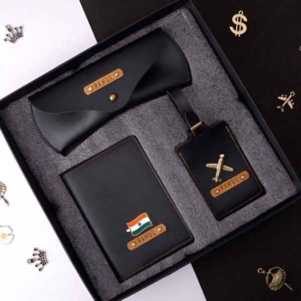 The Junket Personalised Gift Hamper for Couple with PU Leather Customize Passport Cover, Luggage Tag & Eyewear Case | Gift Combo for Wife and Husband with Personalized Name & Charms (Black) - Image 9