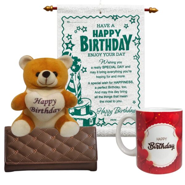Saugat Traders Useful Birthday Scroll Card, Teddy Bear, Coffee Mug, Women Wallet - Happy Birthday Gift Hamper - Pack of 4 Combo - Image 2