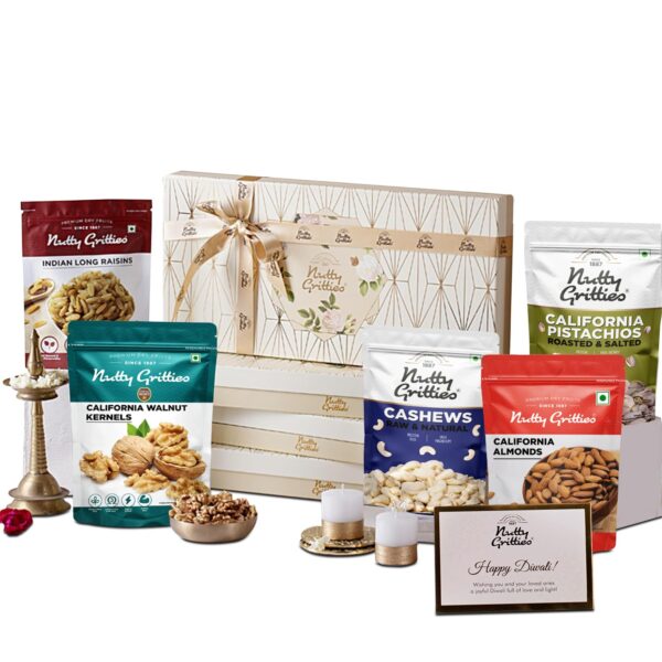 Nutty Gritties Platinum Hamper Premium Dry Fruits Gift Box 1kg | Candle Pack of 2 | California Almonds 200g, Cashews Nuts 200g, Indian Long Raisins 200g, Roasted Salted Pistachios 200g, California Walnut Kernels 200g | Healthy Gourmet Snacks I Gift for Family| Friend | Corporate - Image 2