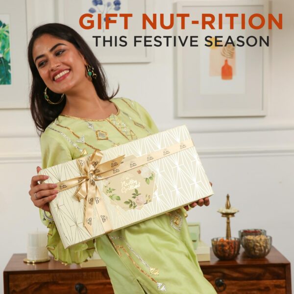 Nutty Gritties Platinum Hamper Premium Dry Fruits Gift Box 1kg | Candle Pack of 2 | California Almonds 200g, Cashews Nuts 200g, Indian Long Raisins 200g, Roasted Salted Pistachios 200g, California Walnut Kernels 200g | Healthy Gourmet Snacks I Gift for Family| Friend | Corporate - Image 5