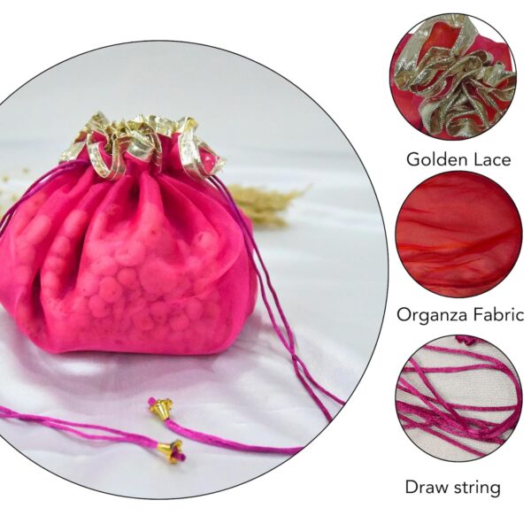 Lushure Large Pack of 10, 20, 50) Organza Double Layer Drawstring Potli Bag for Return Gift | Gift Hamper | Shagan - Pink - Size-30X30CM(Open) (50) - Image 3