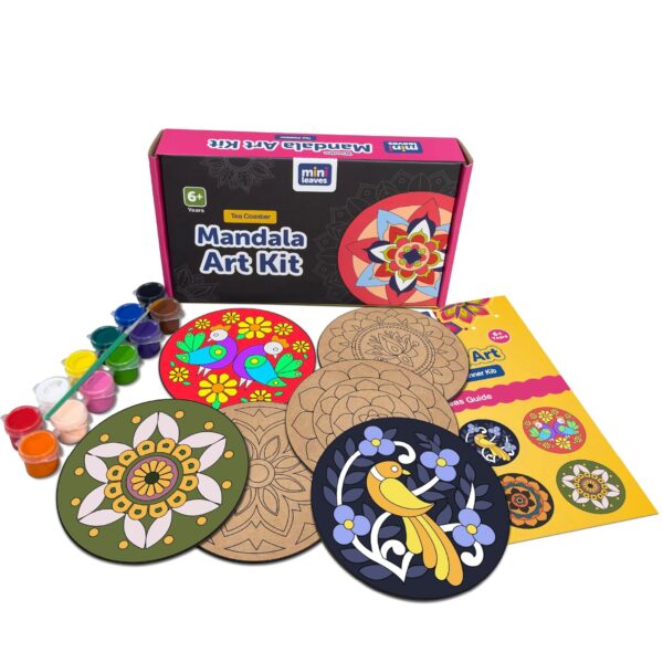 Mini Leaves Wooden Mandala BeginnerPaint Kit Tea Coasters Art and Craft Kit, Colours, Painting Brush for Girls Boys 9-12 Years Coaster DIY Kit Set of 6- Size: 10 x 10 CM - Image 2