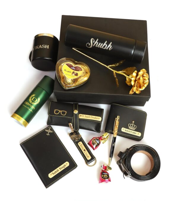 Atrum Shutrum Your Name Customized Mens Gift Hamper Set With Water Bottle, Passport Cover, Pen, Men Wallet, Sunglasses Cover, Keychain, Golden Rose and chocolates With Coffee Mug and Belt (Black) - Image 3