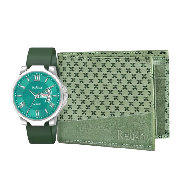 Relish Men's Green Analog Watch, Black Leather Strap | Gift Hamper for Brother, Husband & Boyfriend - Stylish & Durable - Image 2