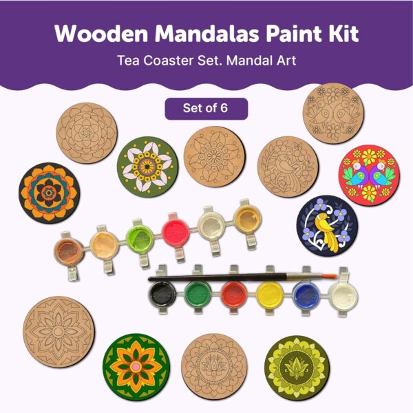 Mini Leaves Wooden Mandala BeginnerPaint Kit Tea Coasters Art and Craft Kit, Colours, Painting Brush for Girls Boys 9-12 Years Coaster DIY Kit Set of 6- Size: 10 x 10 CM - Image 6