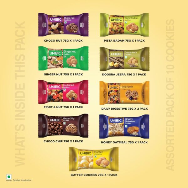 Unibic Cookies, Assorted Cookies, 75 G(Pack Of 10)|Biscuits Combo Pack|Choco Chip|Butter Cookies|Fruit&Nut Cookies||Honey Oatmeal I Cashew Cookies I Jeera Cookies I Digestive Cookies I750 Gram - Image 3