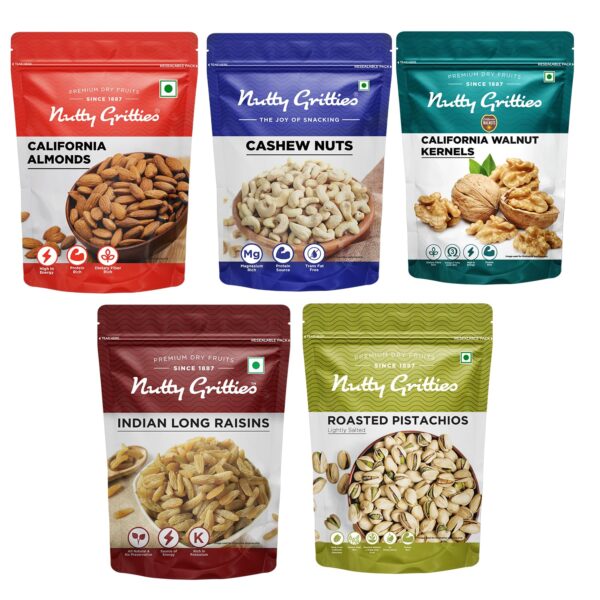 Nutty Gritties Platinum Hamper Premium Dry Fruits Gift Box 1kg | Candle Pack of 2 | California Almonds 200g, Cashews Nuts 200g, Indian Long Raisins 200g, Roasted Salted Pistachios 200g, California Walnut Kernels 200g | Healthy Gourmet Snacks I Gift for Family| Friend | Corporate - Image 3