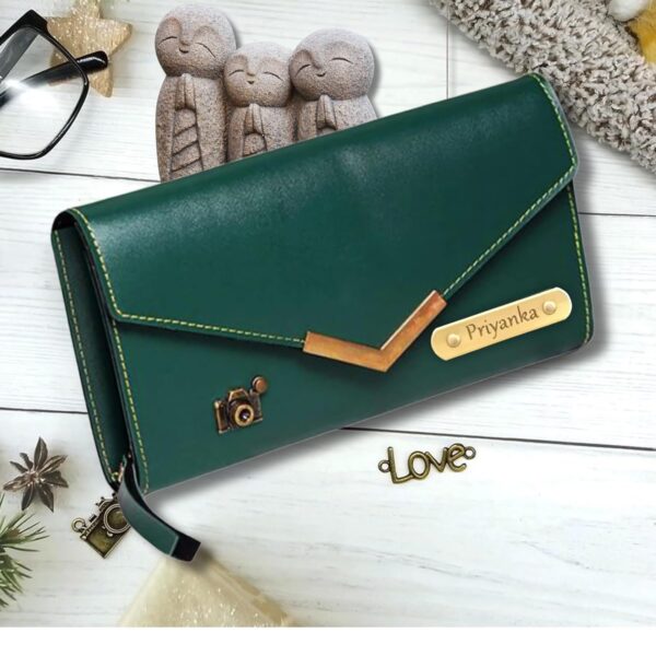 Gift For Special Women Gift Hampers - Gifts for Women for Birthday - Customized Leather Lady Wallet - Customised clutch for women - Olive Green - Image 4