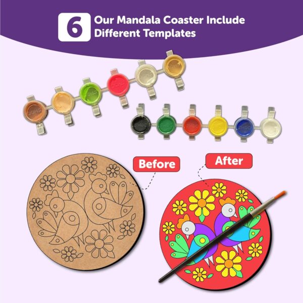 Mini Leaves Wooden Mandala BeginnerPaint Kit Tea Coasters Art and Craft Kit, Colours, Painting Brush for Girls Boys 9-12 Years Coaster DIY Kit Set of 6- Size: 10 x 10 CM - Image 5