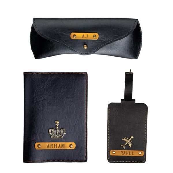 The Junket Personalised Gift Hamper for Couple with PU Leather Customize Passport Cover, Luggage Tag & Eyewear Case | Gift Combo for Wife and Husband with Personalized Name & Charms (Black) - Image 2