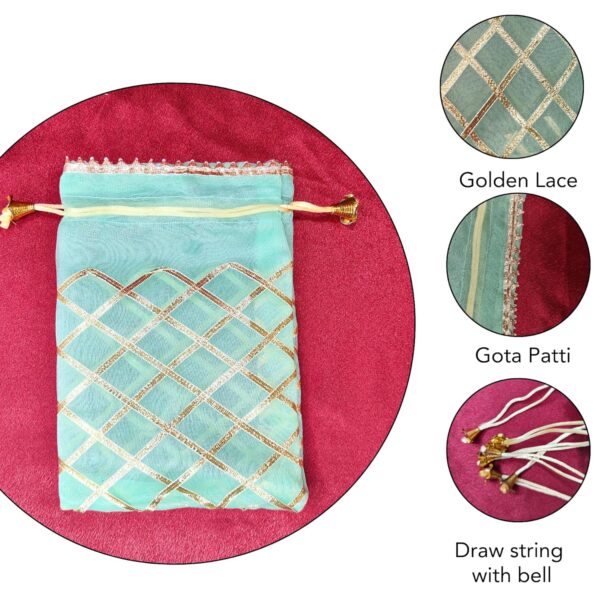 Lushure 10 Piece Premium Organza with Golden Lace Layer Drawstring Potli Bag for Return Gift | Gift Hamper | Shagan - 19CM (L) X 14CM (B). (10) - Image 3