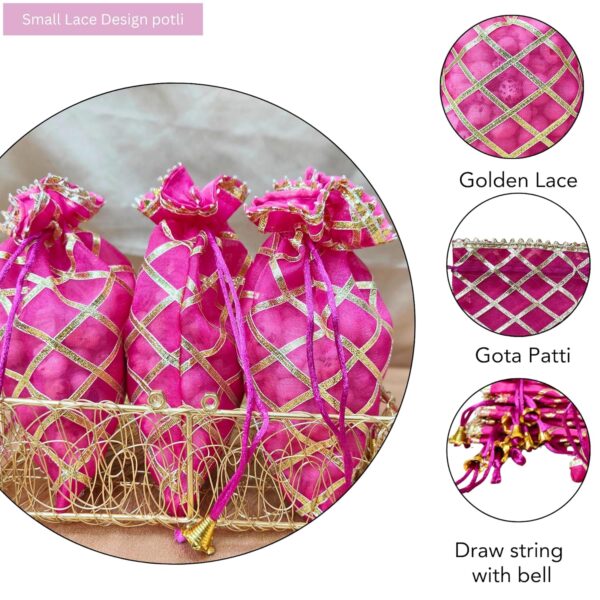 Lushure Organza with Golden Lace Layer Drawstring Potli Bag for Return Gift | Gift Hamper | Shagan - 19CM (L) X 14CM (B). (10) - Image 4