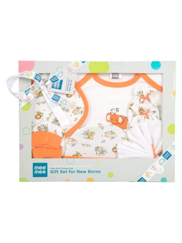 Mee Mee Soft Cotton Newborn Gift Set 6 Pcs | Clothing Hamper Baby Gift Set for Newborn 0-3 Months | Unisex Gift Set for Baby Boy & Baby Girl | Skin-Friendly Baby Clothes (Orange) - Image 2