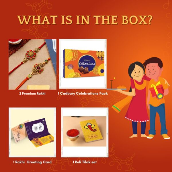 CraftVatika Combo Of 2 Rakhi For Brother With Cadbury Chocolate Gifts Combo Set,Brother Rakhi Set,Cadbury Rakshabandhan Bhai Bhabhi Hamper Greeting Card,Set Of 2 Rakhi, 200 Gm - Image 4
