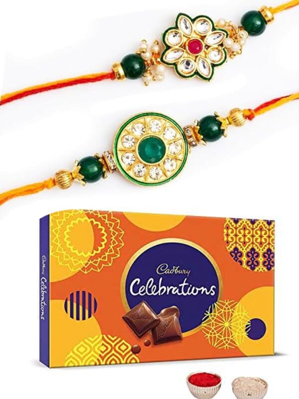 CraftVatika Combo Of 2 Rakhi For Brother With Cadbury Chocolate Gifts Combo Set,Brother Rakhi Set,Cadbury Rakshabandhan Bhai Bhabhi Hamper Greeting Card,Set Of 2 Rakhi, 200 Gm - Image 2